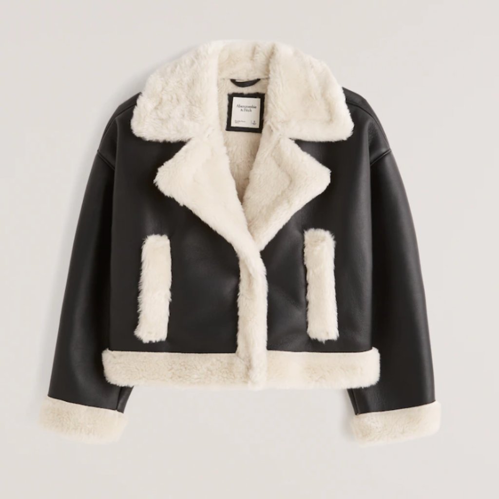 A&F Oversized Short Sherpa-Lined Vegan Leather Coat